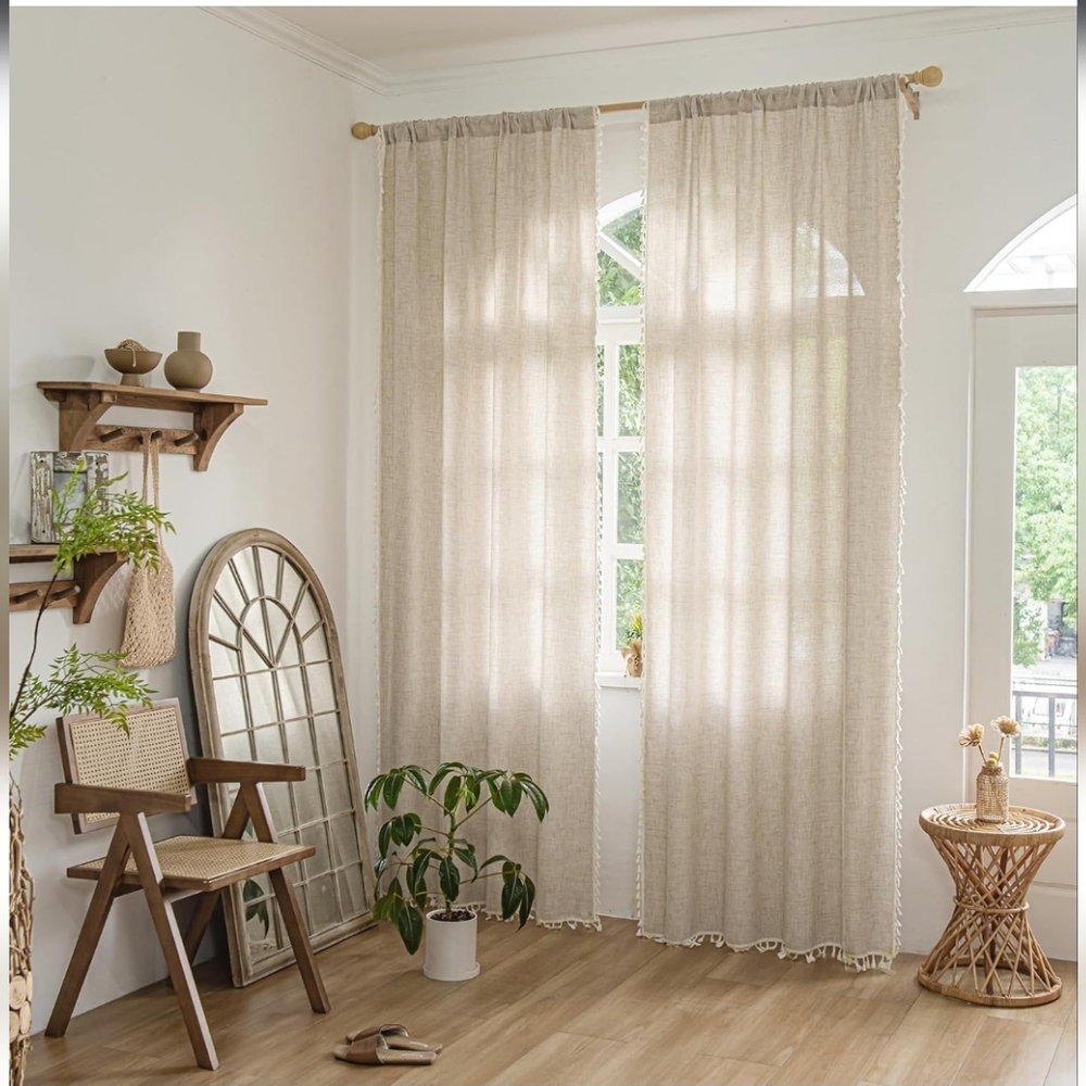 Elegant Cream Linen Curtains with Tassel Trim (2) 52x96